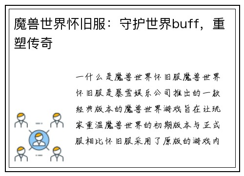 魔兽世界怀旧服：守护世界buff，重塑传奇